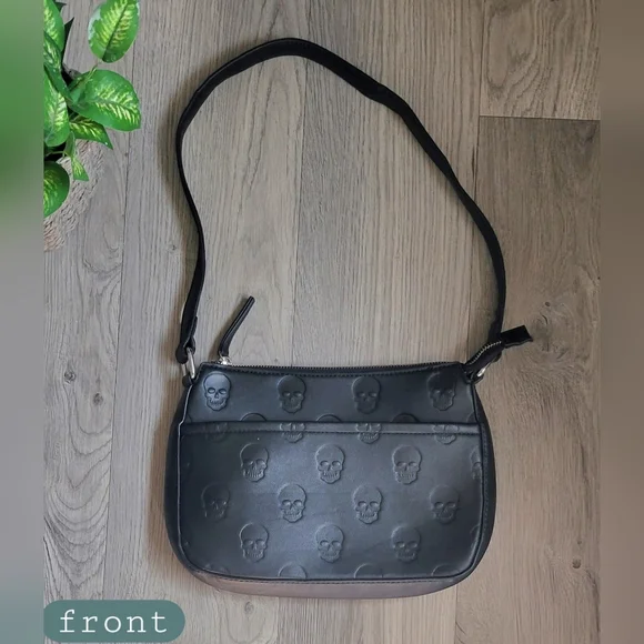 Mad Engine Monogram Skull Embossed Black Shoulder Zippered Bag, 19" - Picture 2 of 16